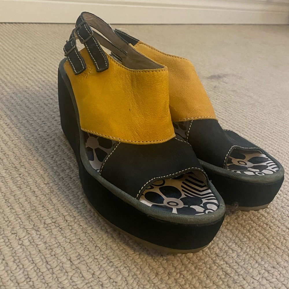Fly London Black and Yellow Wedge Sandals